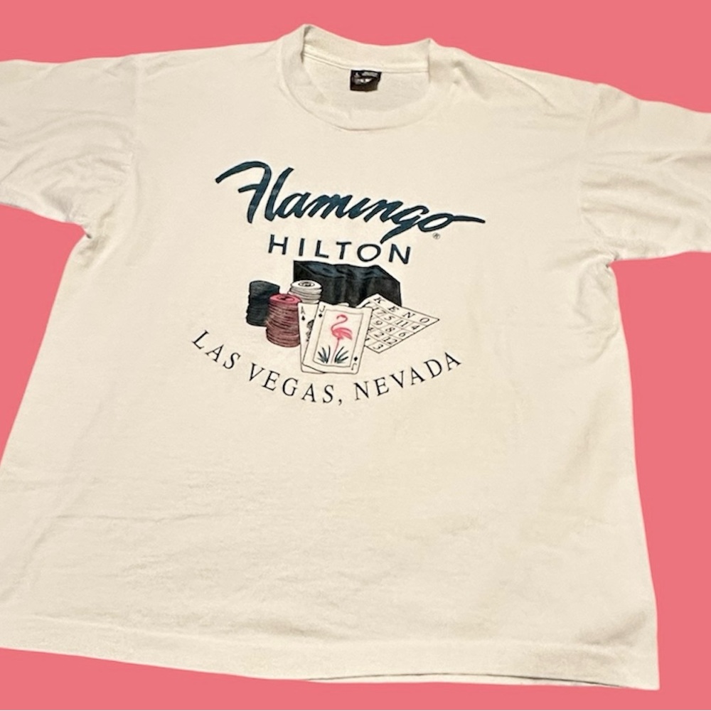 Vtg Flamingo Hilton White T Shirt Sz L Single Stitch USA Made
